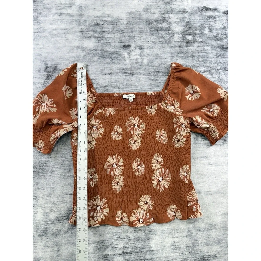 Madewell Georgette Lucie Puff-Sleeve Smocked Top Moody Blooms Rusty Torch XXS